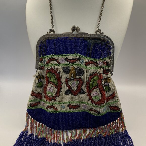Antique Hand Beaded Bag/Purse wit Silver Frame Boho Grannycore Art Deco Reticule - Picture 5 of 8